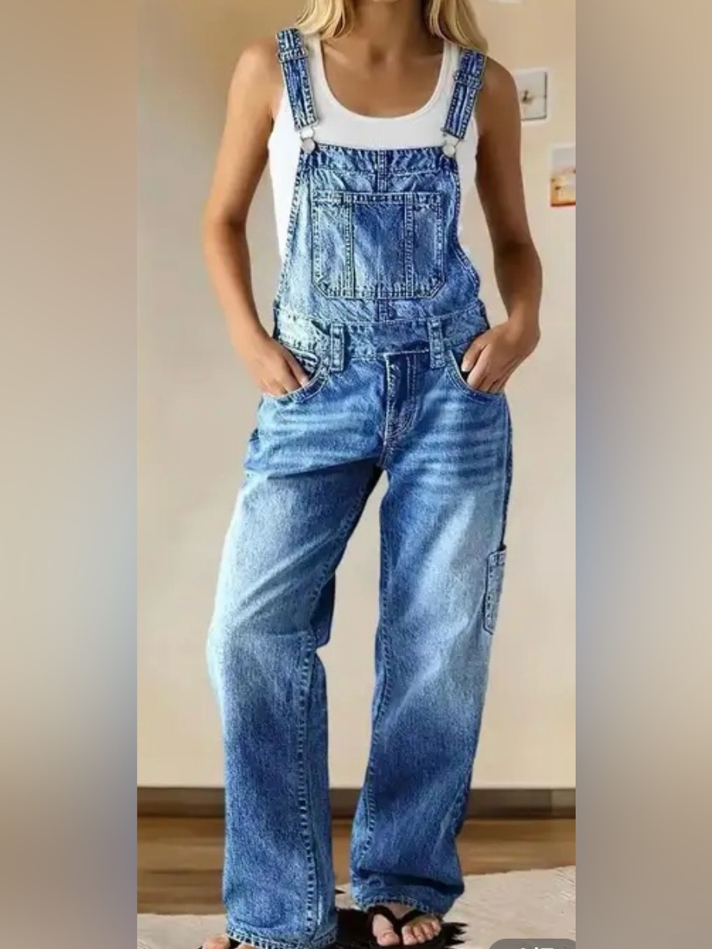 Flamingals Wash Multi Pocket Mid Waist Straight Leg Overalls